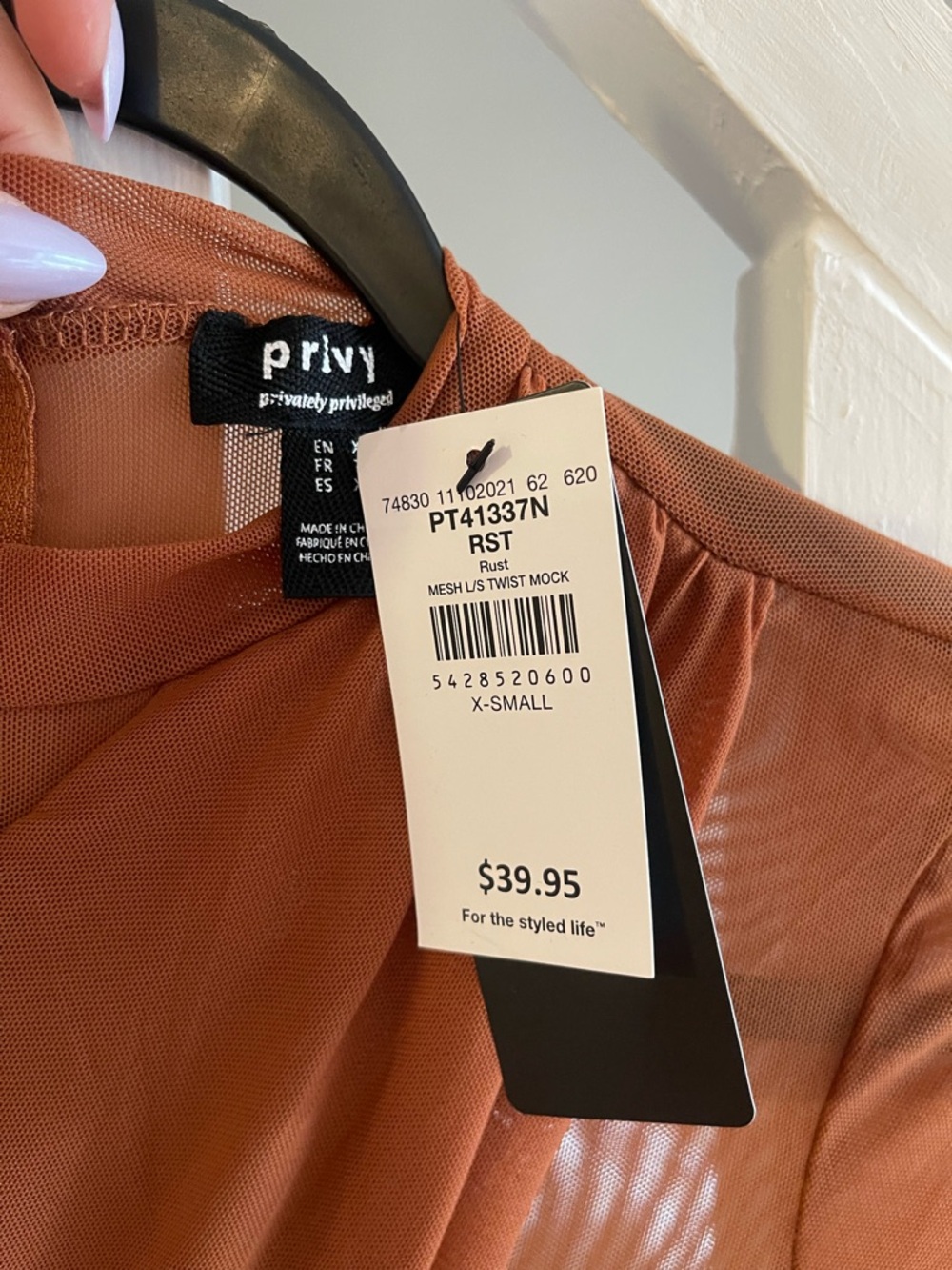 privy Rust Sheer Mesh Twist Mock Neck Top